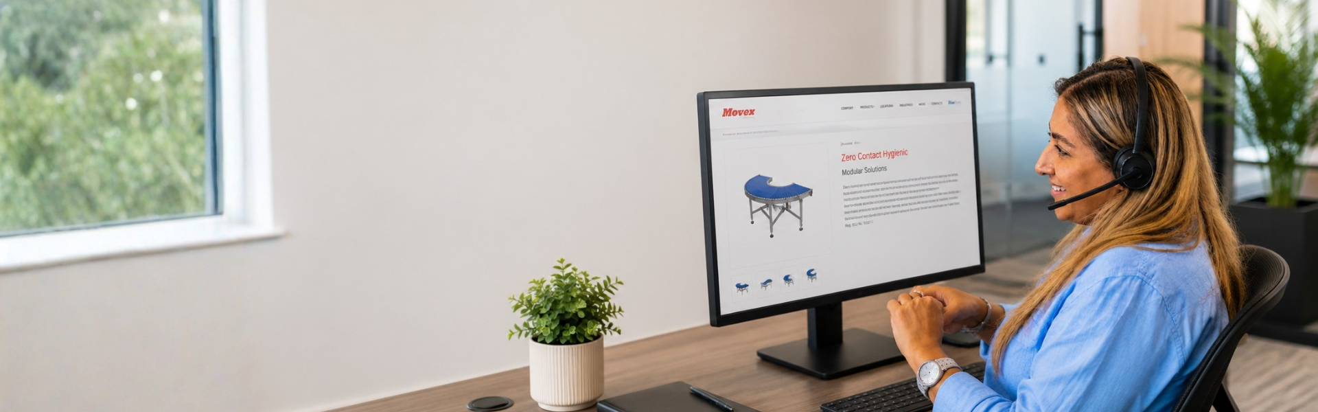 A woman from Oadby conveyors sitting at her desk with a headset offering great customer service and discussing movex conveyor solutions for the UK market on her screen